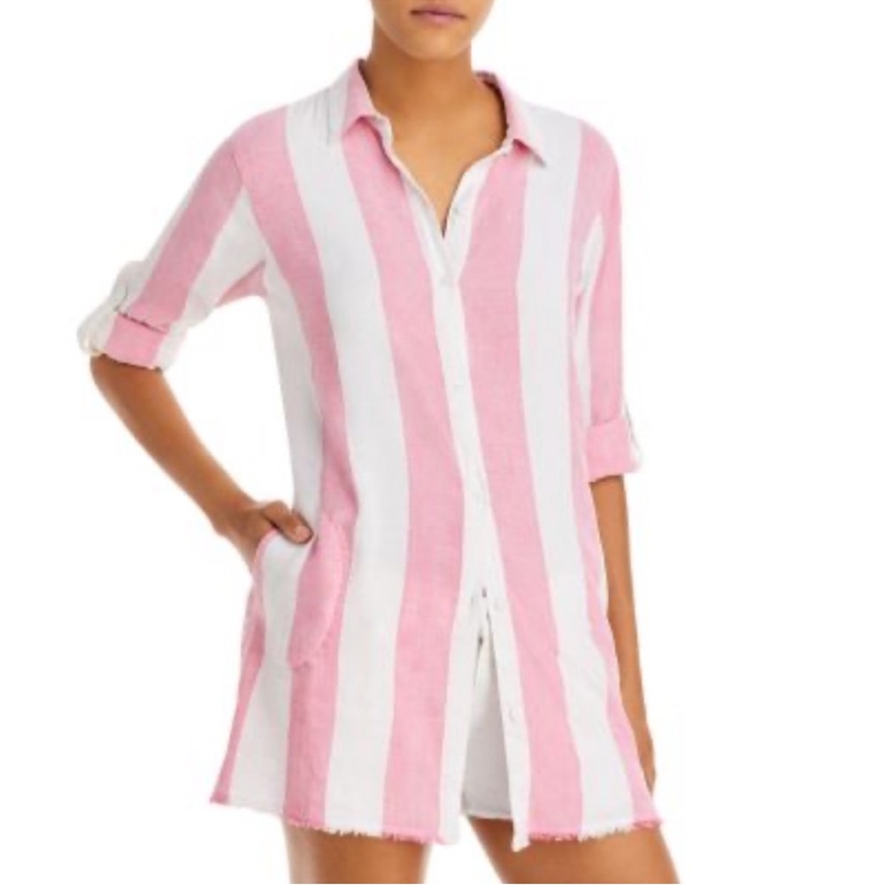 Tommy Bahama Pink and White Striped Button-Down Tunic